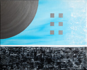 Abstrakte Malerei, Acryl und Strukturpaste auf Leinwand, Verlauf aus Hellblau und Weiß, weiße Horizontlinie, darunter Schwarze Fläche mit Strukturpaste und weißen Akzenten, Silberne Quadrate sowie gr0ßer silberner Kreis im oberen Bereich