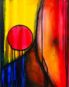 Abstrakte Malerei, Acryl auf Leinwand, Flächen in gelb, rot und blau, unterteilt durch Geflechte feiner schwarzer Linien, roter Kreis