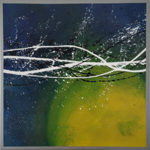 Abstrakte Malerei, Acryl auf Leinwand, Silberner Rand, Farbverlauf von blau über grün bis gelb, schwarze und weiße Akzente (Linien und Sprenkel)